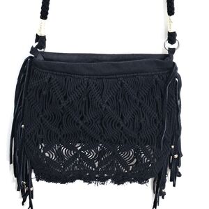 💟American Eagle Outfitters Fringe Crossbody Bag Cotton & Leather Black Crochet